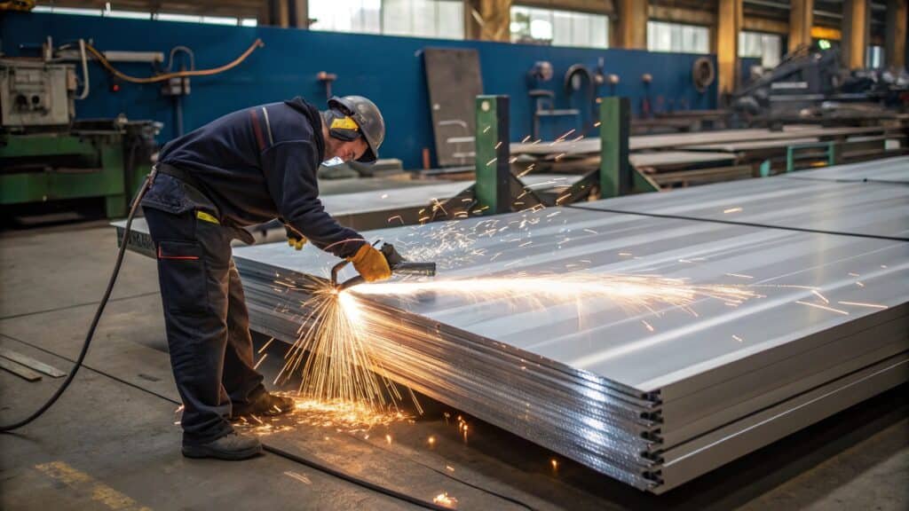 alt with keywords: large industrial band saw cutting an extremely thick aluminum slab